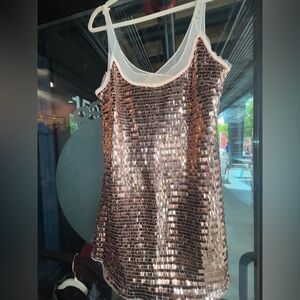 Free People Disco Love Sequin Fringe Beaded Mini Dress Slip Gold Sequin Mesh S